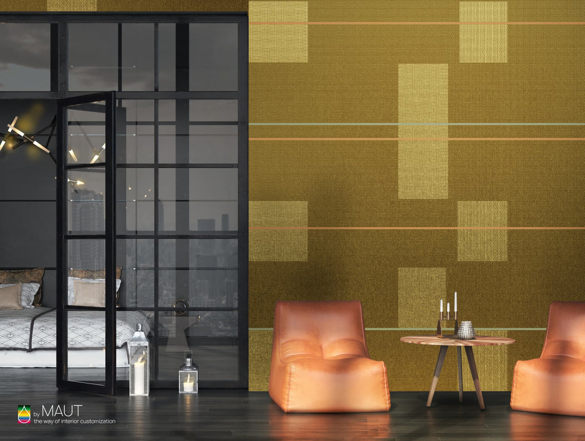 Luxueuze wallpaper WICKER met vlechtwerk en kleurrijke gele abstracte strepen