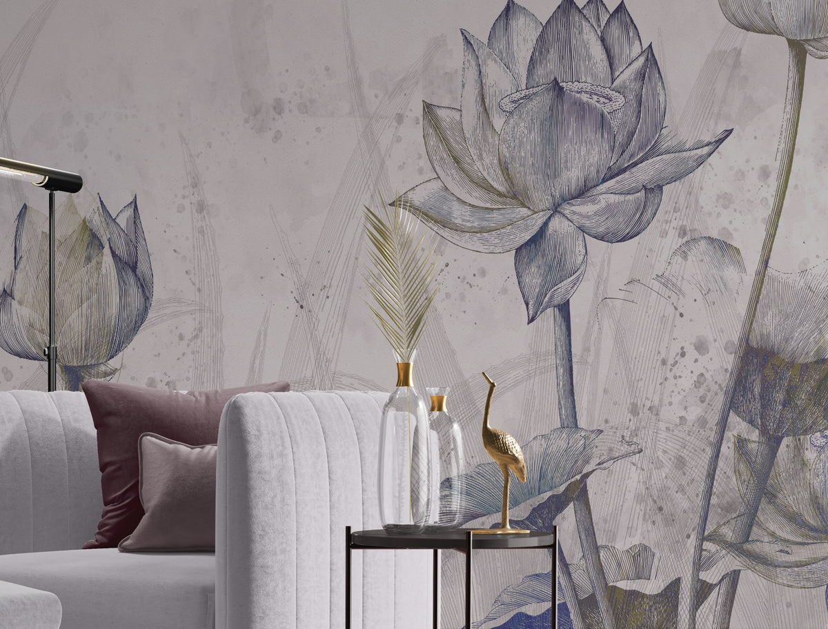 Wandbekleding LOTUS met lotus bloemen dessin en zachte aquarel achtergrond